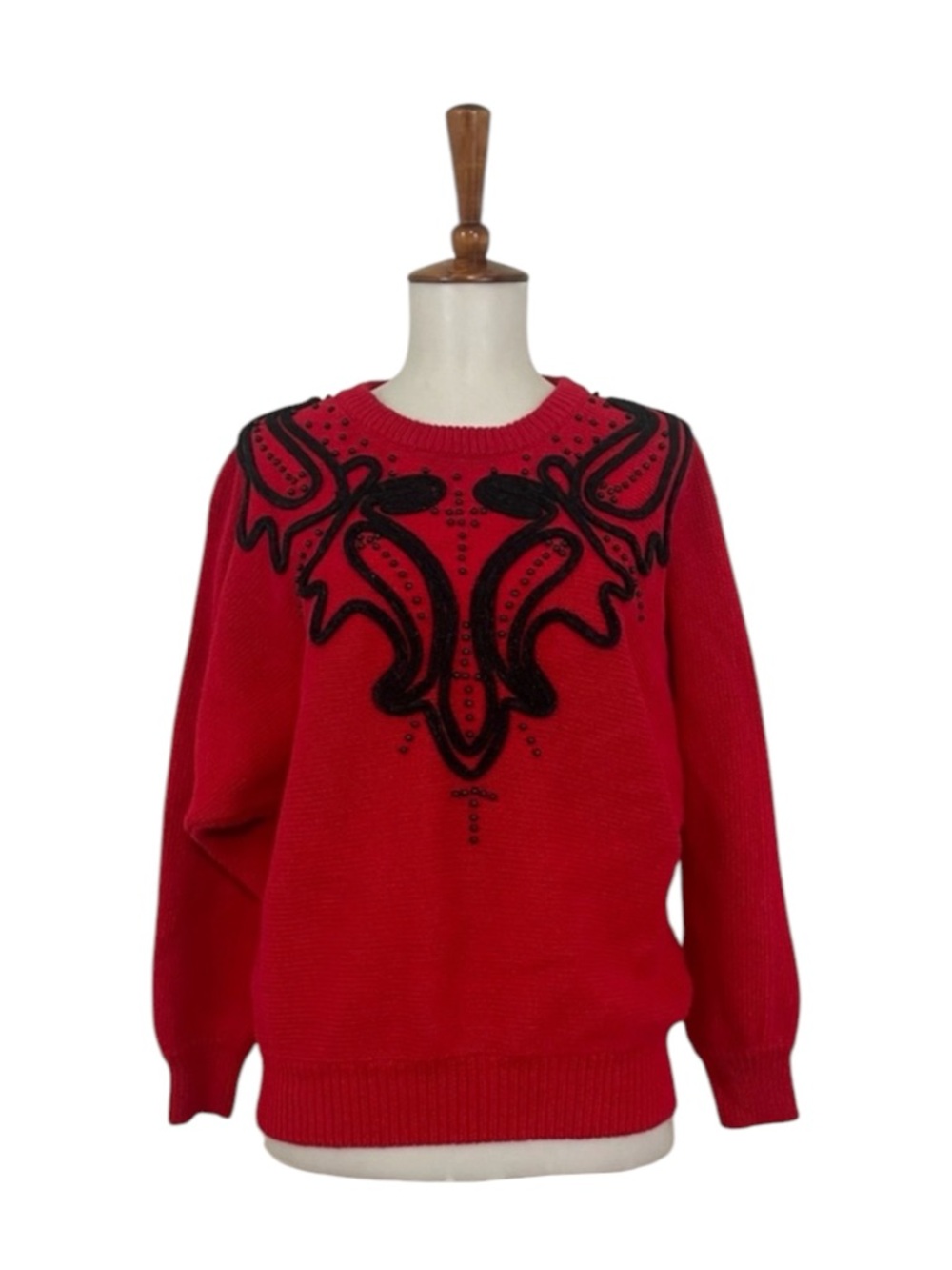 Vintage Beautifully Red Beaded Applique Sweater Mens Large 80s 90s Crew Neck